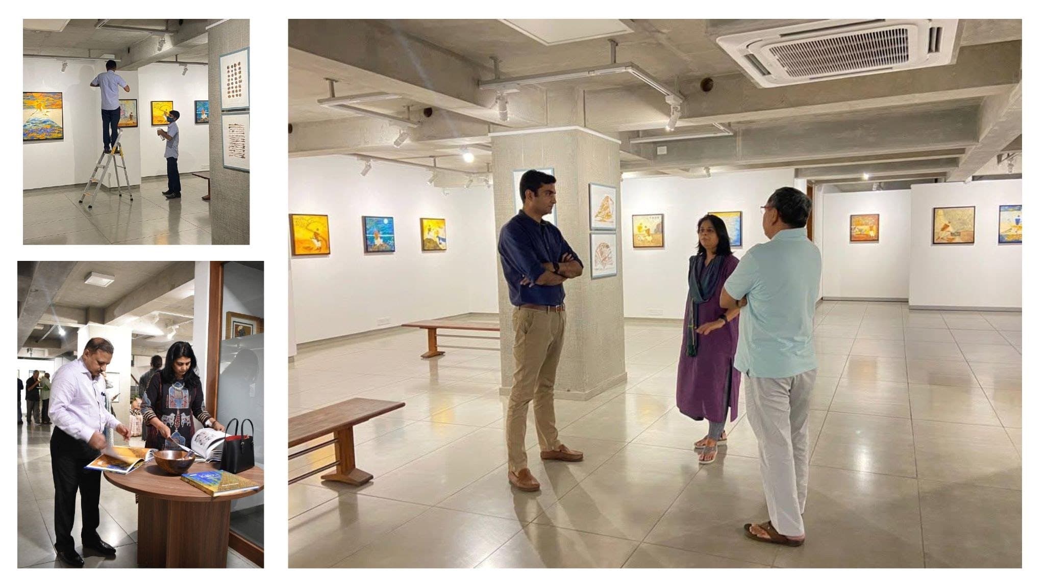 The exhibition during install and opening, with visitors in conversation among the paintings.