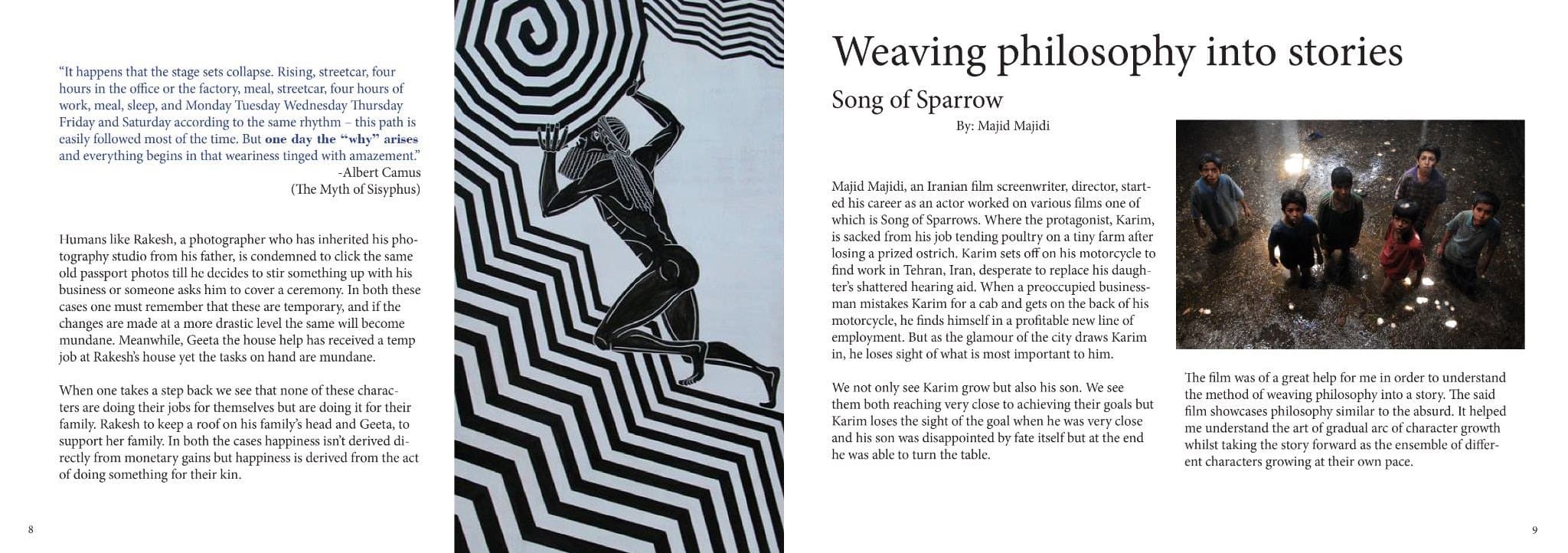 Deck spread titled Weaving philosophy into stories, discussing Majid Majidi's The Song of Sparrows.