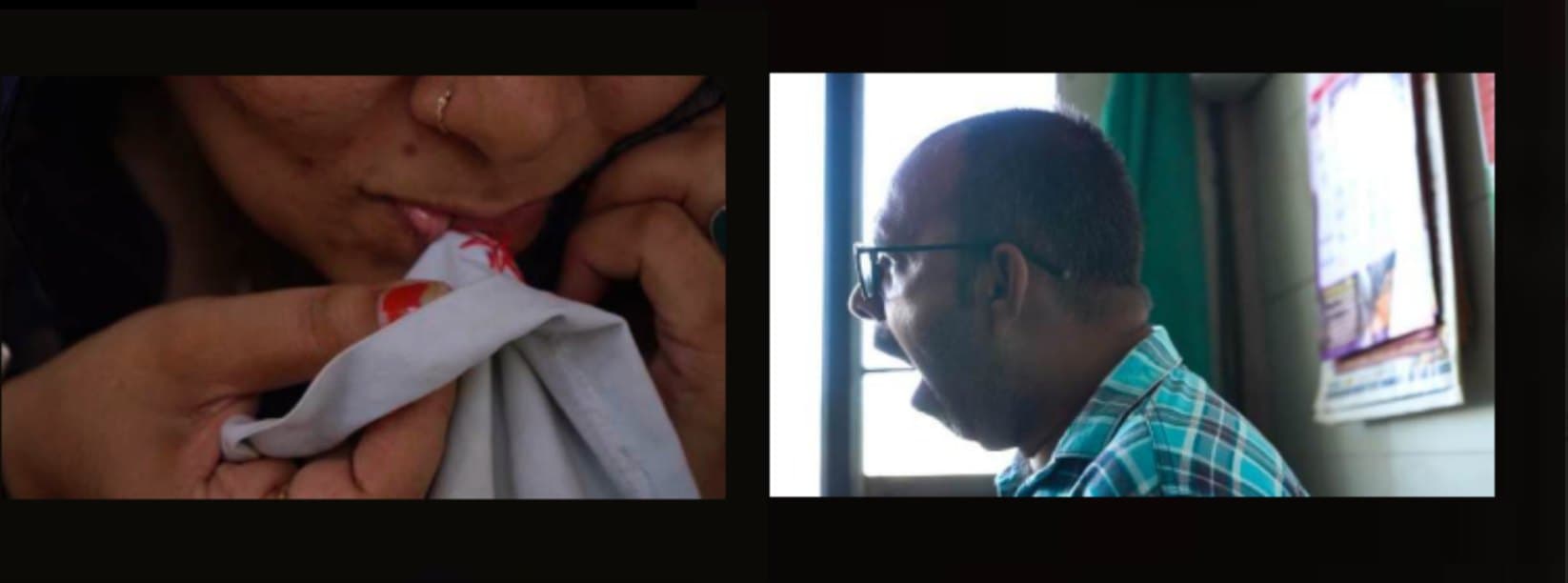 Two stills from Hayati. A woman bites a thread while sewing; a man in glasses looks out of a window.