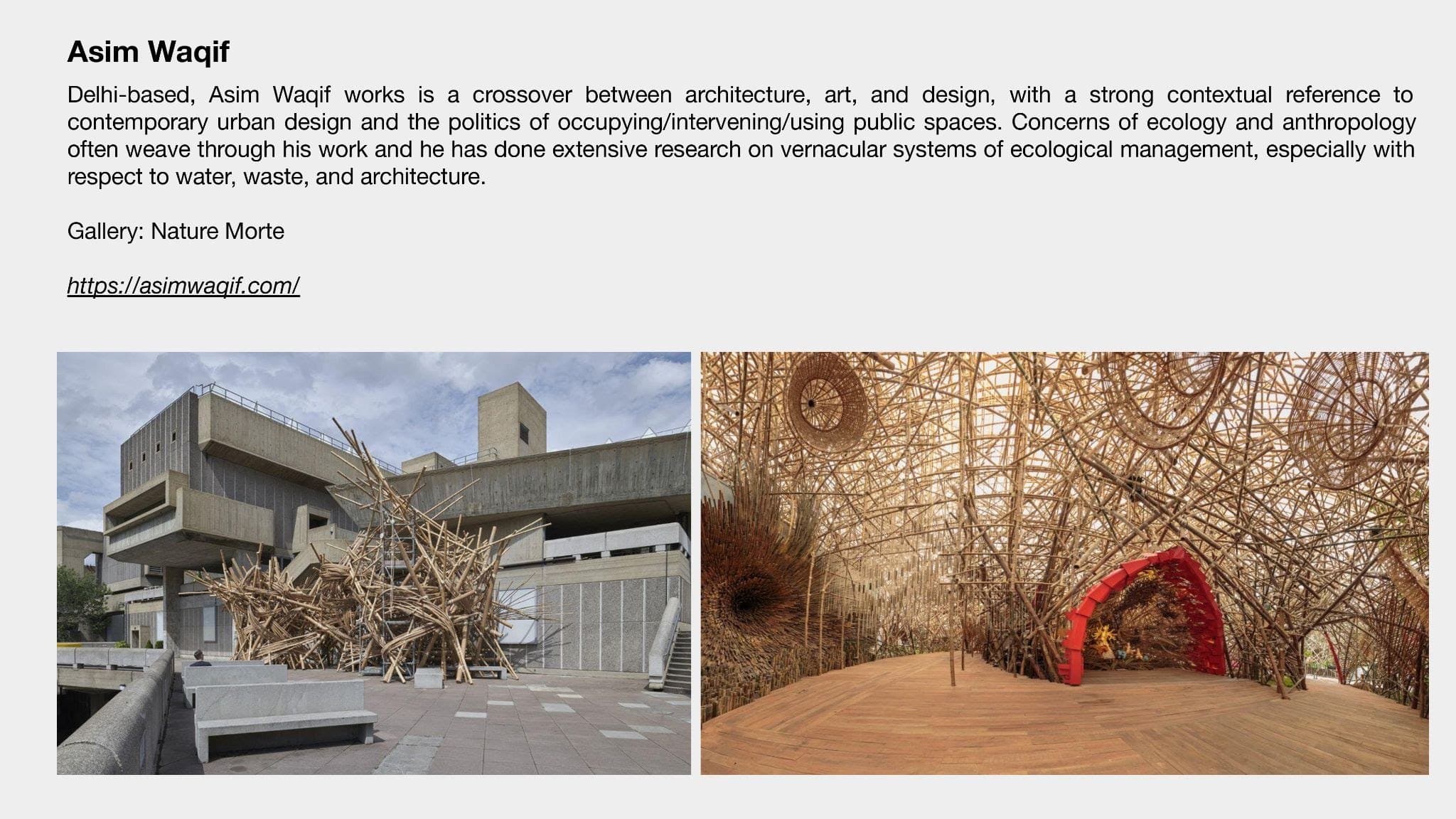 Roster page profiling Asim Waqif with two images of large bamboo installations.